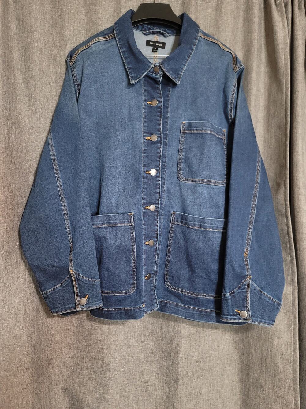 Well Worn Blue Denim Chore Jacket With Patch Pockets Size XL